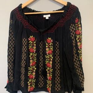 J. Jill Black Blouse with Red and Gold Embroidery